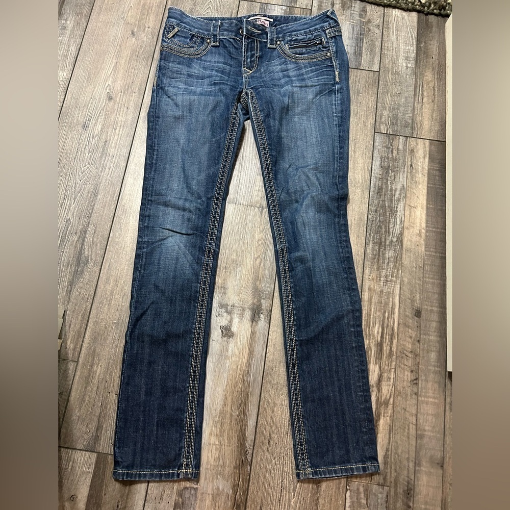 Y2K ReRock for EXPRESS Skinny leg low rise dark wash Jeans Embroidered pockets
